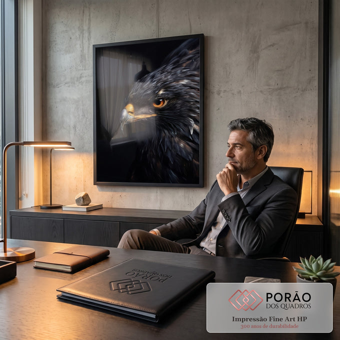 Quadro Decorativo Águia de Olhos Laranja em Fundo Preto | quadros decorativos | close de águia com olho laranja intenso e penas escuras sobre fundo preto | em Quadros para Escritorio | Porao dos Quadros