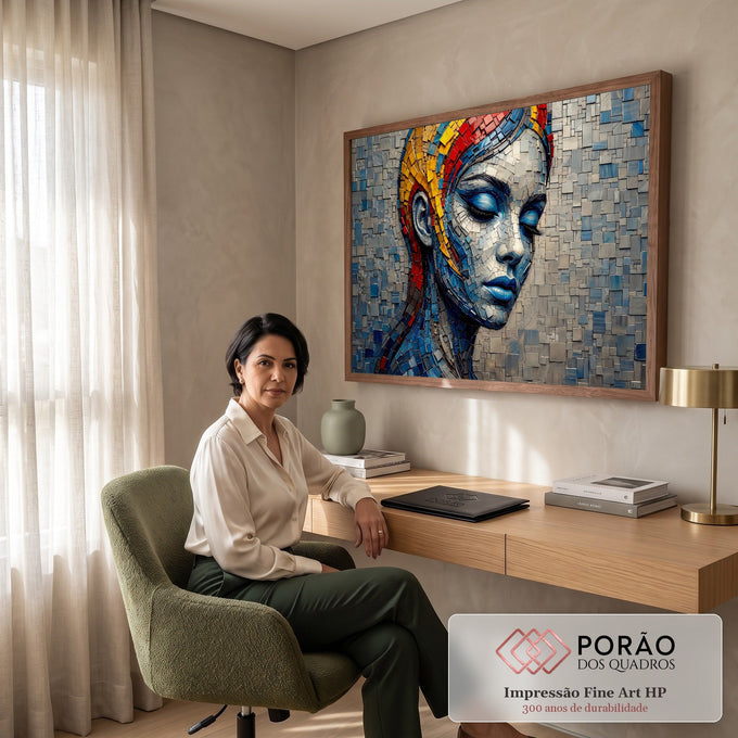 Rosto de mulher de olhos fechados em mosaico azul e cinza com cabelo vermelho e amarelo, quadro decorativo