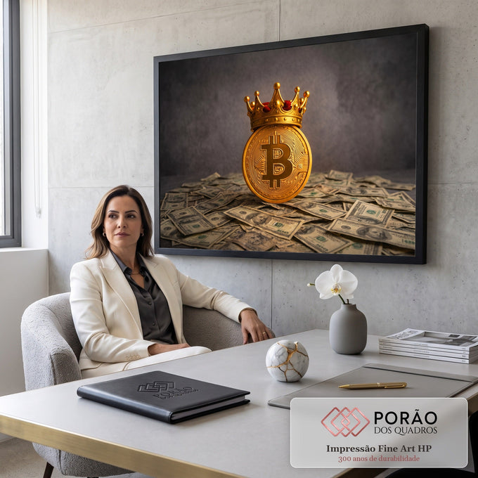 Moeda de Bitcoin dourada com coroa de rei sobre notas de dólar em fundo cinza escuro, quadro decorativo