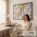 Quadro Decorativo Grande Mármore com Veios para Sala Branco | quadros decorativos | textura de mármore branco com rachaduras preenchidas por dourado metálico | em ambiente 2 | Porao dos Quadros
