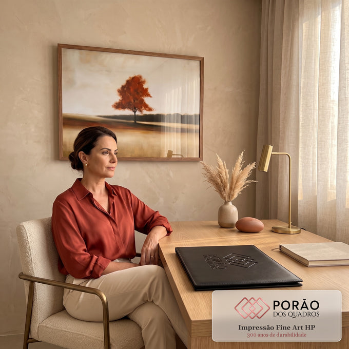 Quadro Decorativo Árvore Vermelha Solitária no Campo Dourado | quadros decorativos | árvore solitária de folhas vermelhas em campo dourado sob céu cinza | em Quadros para Escritorio | Porao dos Quadros