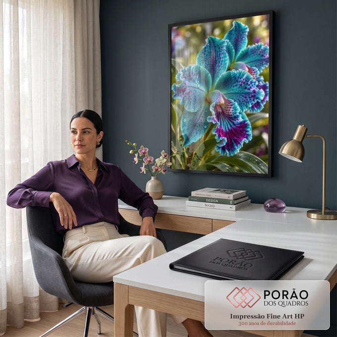 Orquídea turquesa com manchas roxas, pétalas onduladas e gotas de orvalho em jardim, quadro decorativo