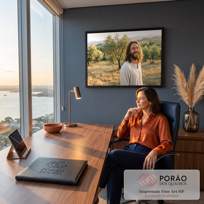 Jesus sorrindo de túnica bege em olival ao pôr do sol, luz dourada e colinas ao fundo, quadro decorativo