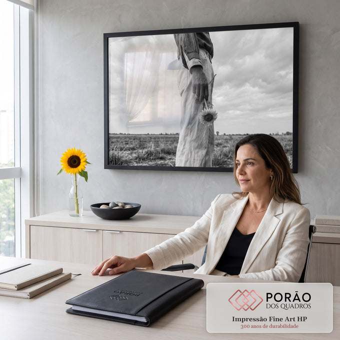 Quadro Decorativo Grande Girassol na Mão para Sala Preto | quadros decorativos | mão segurando girassol murcho diante de campo seco em preto e branco | em ambiente 2 | Porao dos Quadros