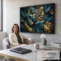 Folhas de costela de adão e palmeiras em azul petróleo e dourado sobre fundo escuro, quadro decorativo