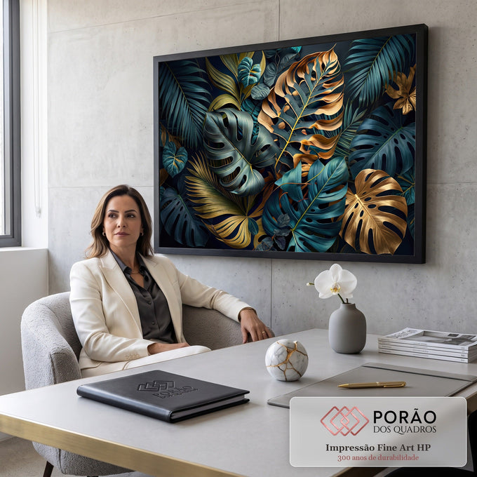Folhas de costela de adão e palmeiras em azul petróleo e dourado sobre fundo escuro, quadro decorativo