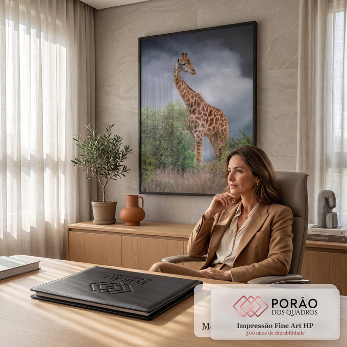 Girafa entre arbustos verdes na savana com céu nublado de tempestade ao fundo, quadro decorativo