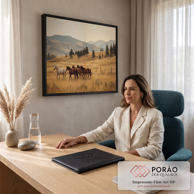 Quadro Decorativo Grande Cavalos em Campo para Sala Dourado | quadros decorativos | cavalos caminhando em campo dourado com montanhas e pinheiros ao fundo | em ambiente 2 | Porao dos Quadros