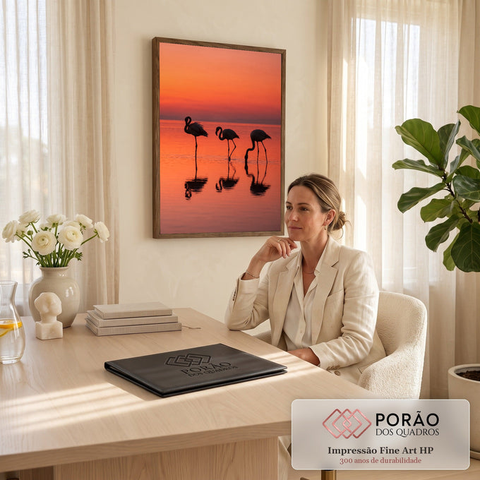 Quadro Decorativo Grande Flamingos em Silhueta para Sala | quadros decorativos | três flamingos em silhueta contra céu laranja de pôr do sol refletidos na água | em ambiente 2 | Porao dos Quadros
