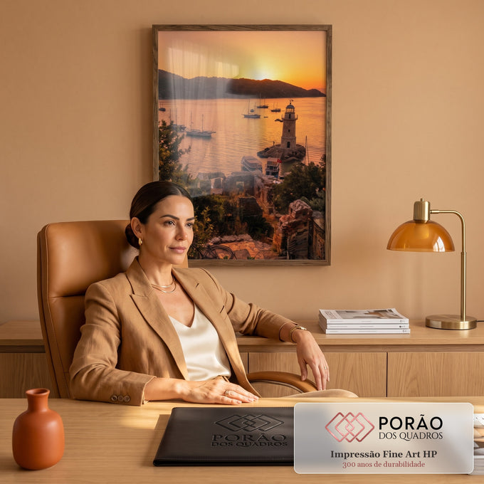 Farol de pedra e veleiros na baía ao pôr do sol laranja, com ruínas e vegetação, quadro decorativo