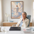 Quadro Decorativo Grande Jesus Cristo de Braços para Sala | quadros decorativos | Jesus Cristo de túnica branca e braços abertos sobre nuvens com raios de luz | em ambiente 2 | Porao dos Quadros