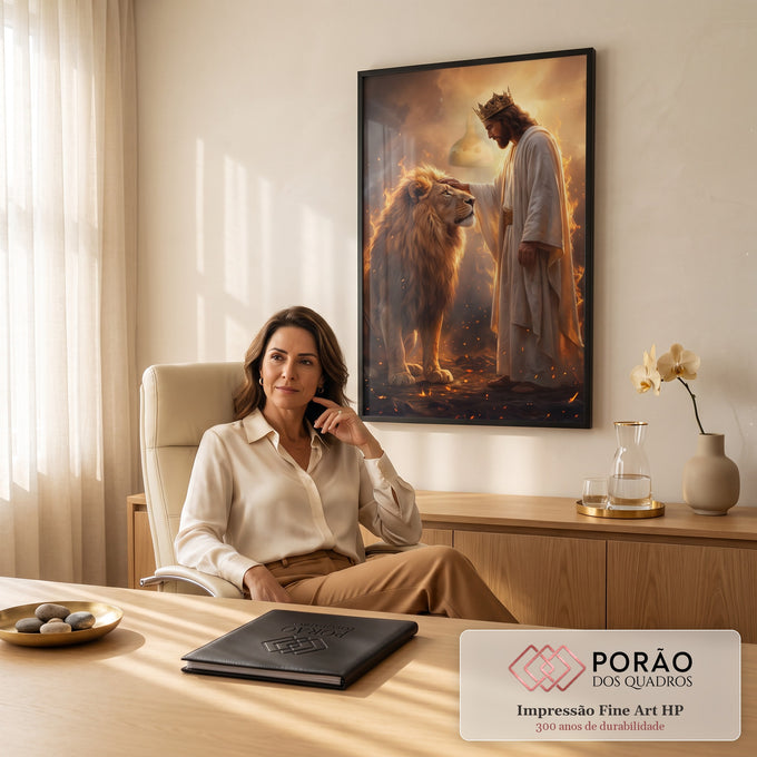 Quadro Decorativo Grande Rei Coroado para Sala Dourado | quadros decorativos | homem coroado de túnica branca toca a cabeça de um leão em meio a chamas douradas | em ambiente 2 | Porao dos Quadros