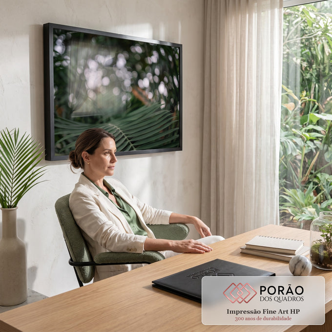 Quadro Decorativo Grande Folha de Palmeira Verde para Sala | quadros decorativos | folha de palmeira verde em close com fundo desfocado em bokeh branco | em ambiente 2 | Porao dos Quadros