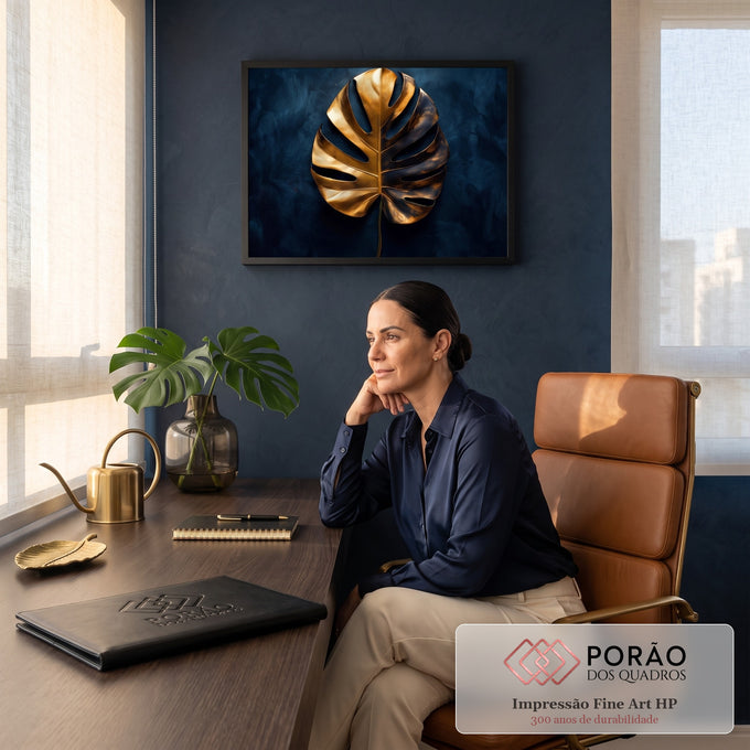 Quadro Decorativo Grande Folha de Monstera para Sala Dourado | quadros decorativos | folha de monstera metálica dourada e bronze sobre fundo azul escuro | em ambiente 2 | Porao dos Quadros