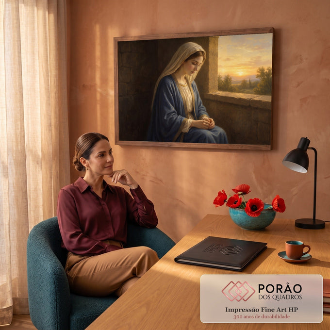 Nossa Senhora de manto azul em oração junto à janela de pedra com pôr do sol dourado, quadro decorativo