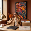 Folhas de bordo vermelhas e laranja com gotas de chuva em close, fundo de outono, quadro decorativo