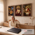 Quadro Decorativo Kit 3 Telas Última Ceia e Sagrado Coração | quadros decorativos | tríptico de Jesus na Última Ceia, Sagrado Coração e Eucaristia em tons dourados | em ambiente 2 | Porao dos Quadros
