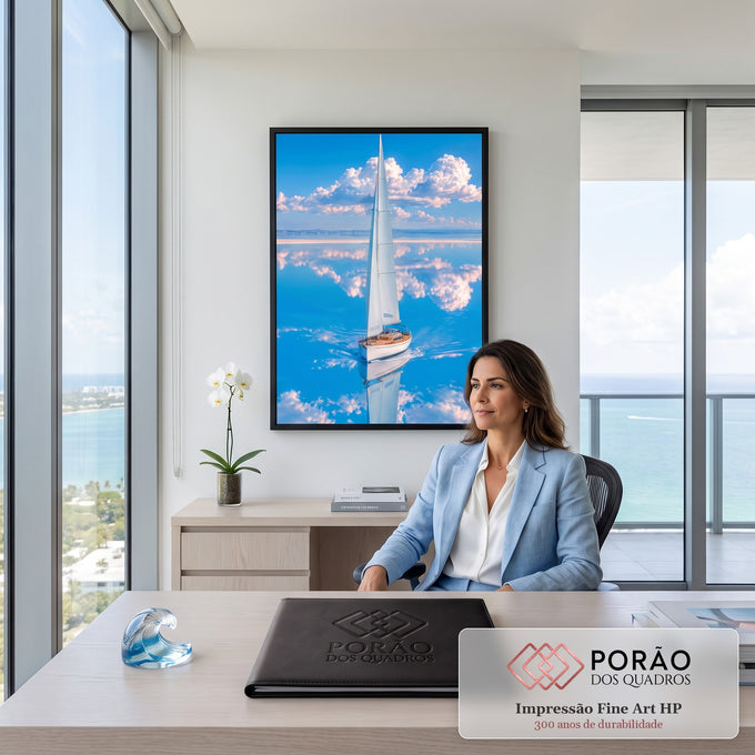 Veleiro branco navegando em água azul espelhada com nuvens refletidas, quadro decorativo