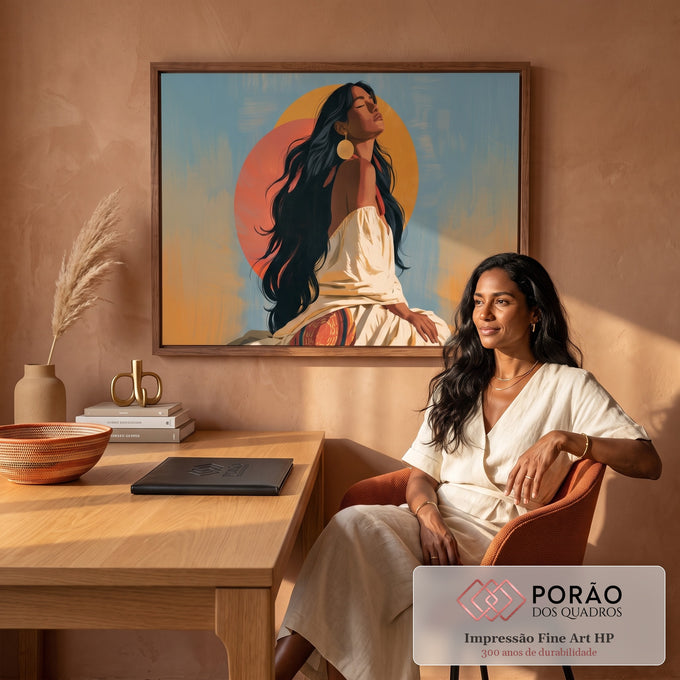 Ilustração de mulher indígena de cabelos longos e olhos fechados diante de sóis laranja, quadro decorativo