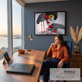 Quadro Decorativo Grande Mulher com Aves para Sala Preto | quadros decorativos | mulher em preto e branco com aves de bicos e patas vermelhas sobre o rosto e ombro | em ambiente 2 | Porao dos Quadros