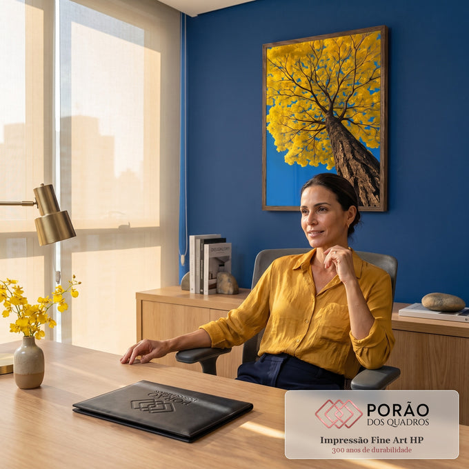 Ipê amarelo florido visto de baixo, tronco robusto e copa contra céu azul intenso, quadro decorativo