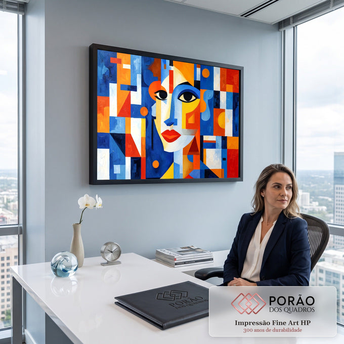 Rosto de mulher cubista com lábios vermelhos entre blocos geométricos azuis e laranja, quadro decorativo
