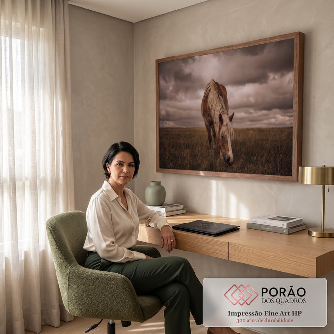 Cavalo castanho de crina loira pastando em campo seco sob céu nublado dramático, quadro decorativo