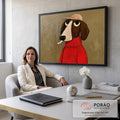 Pintura de cachorro de boné e blusa vermelha de gola alta fumando em fundo marrom, quadro decorativo