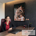 Quadro Decorativo Nossa Senhora com Menino Jesus e Estrelas | quadros decorativos | mulher com véu bege bordado segurando bebê, estrelas vermelhas em fundo preto | em Quadros para Quarto | Porao dos Quadros