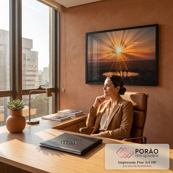 Quadro Decorativo Grande Antílopes ao Pôr do Sol para Sala | quadros decorativos | antílopes bebendo água em lagoa sob raios de sol laranja na savana | em ambiente 2 | Porao dos Quadros