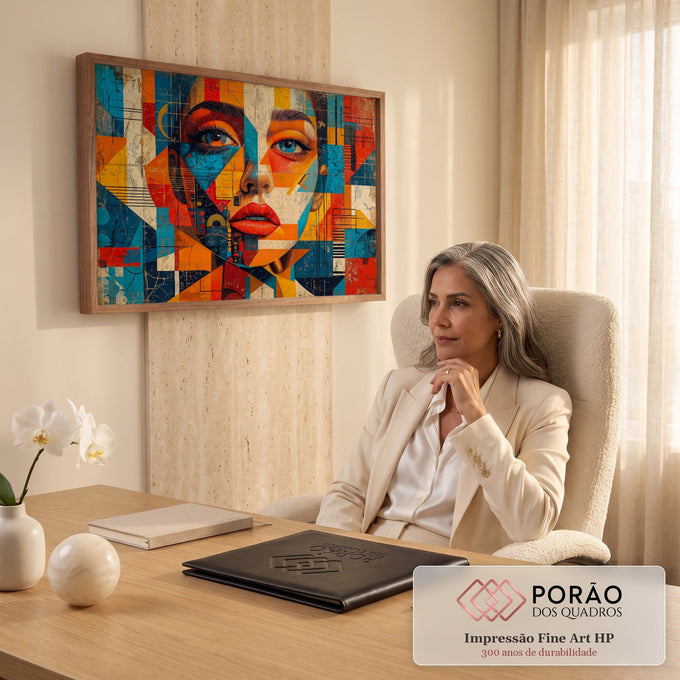 Quadro Decorativo Grande Rosto Feminino para Sala Laranja | quadros decorativos | rosto feminino fragmentado em formas geométricas coloridas com olhos azuis e lábios vermelhos | em ambiente 2 | Porao dos Quadros