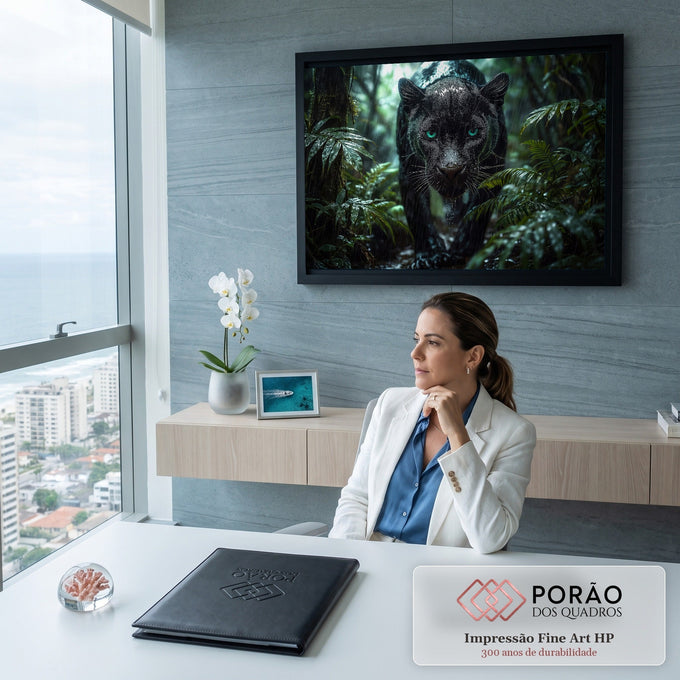 Pantera negra de olhos verdes caminhando na chuva entre folhagens da floresta tropical, quadro decorativo