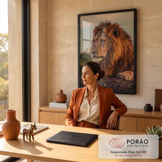 Quadro Decorativo Grande Leão Majestoso para Sala Laranja | quadros decorativos | leão deitado com juba dourada iluminada pela luz do entardecer | em ambiente 2 | Porao dos Quadros