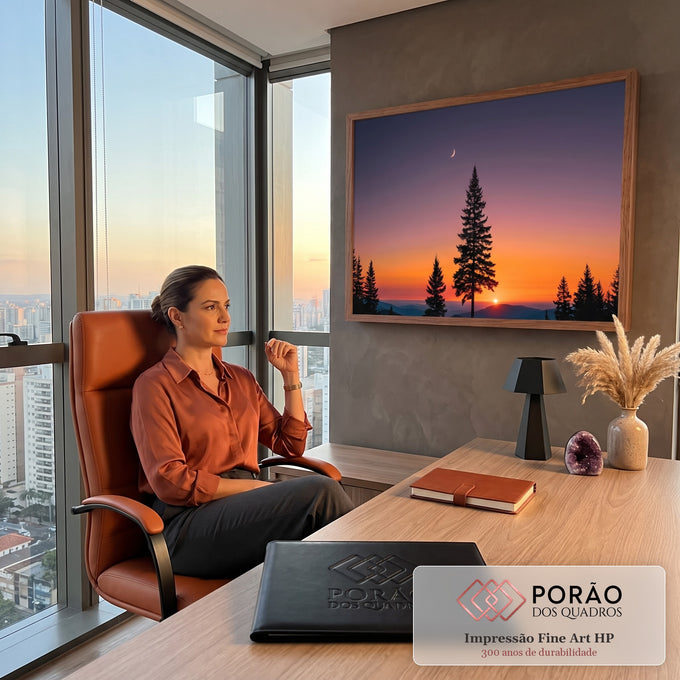 Pinheiro em silhueta ao pôr do sol com lua crescente, montanhas e céu laranja e roxo, quadro decorativo