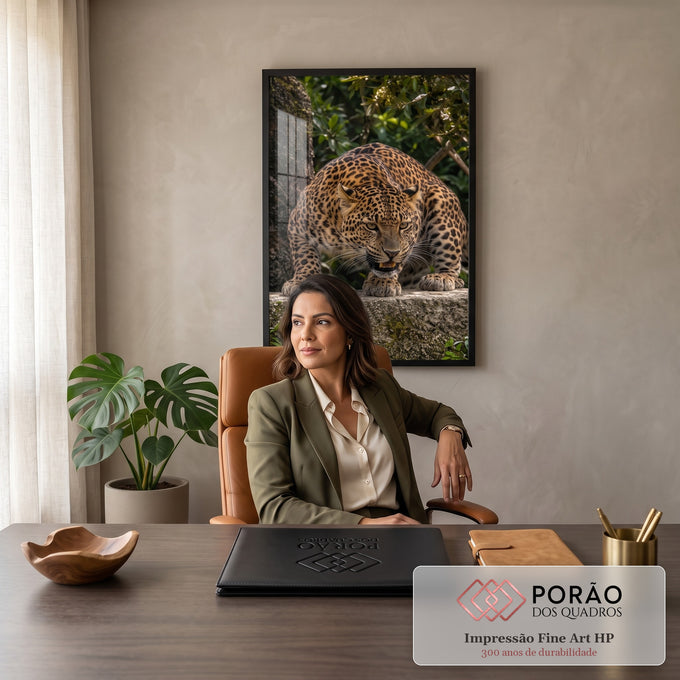 Quadro Decorativo Grande Leopardo Rosnando Marrom para Sala | quadros decorativos | leopardo rosnando sobre pedra com fundo de folhagem verde | em ambiente 2 | Porao dos Quadros
