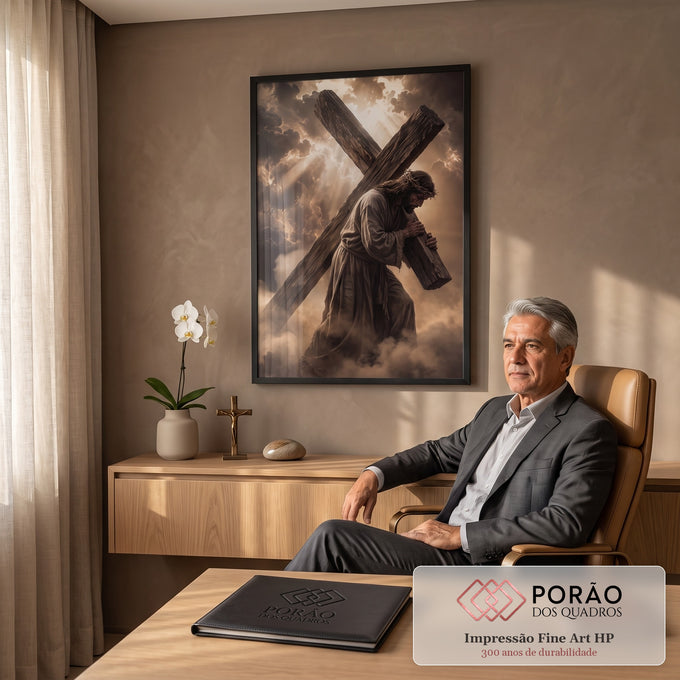 Quadro Decorativo Grande Jesus Carregando para Sala Marrom | quadros decorativos | Jesus com coroa de espinhos carregando cruz de madeira sob nuvens e luz divina | em ambiente 2 | Porao dos Quadros