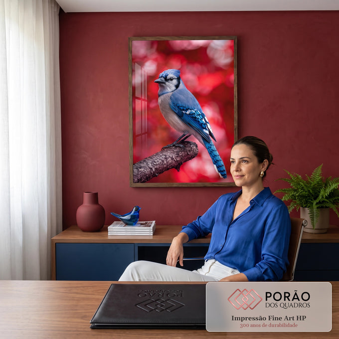 Gaio-azul pousado em galho seco com fundo vermelho desfocado em bokeh, quadro decorativo