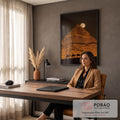 Quadro Decorativo Grande Pirâmide Dourada para Sala Laranja | quadros decorativos | pirâmide dourada com lua cheia e camelos em silhueta no deserto à noite | em ambiente 2 | Porao dos Quadros