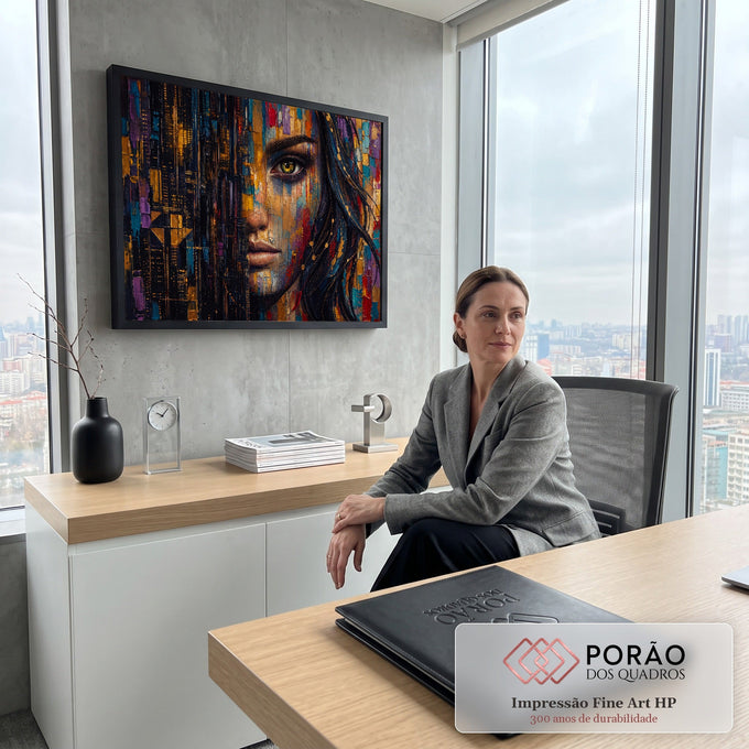 Rosto de mulher de olhos verdes fundido a prédios noturnos dourados, em pintura texturizada, quadro decorativo