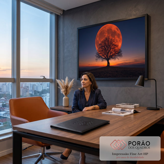 Quadro Decorativo Grande Lua Vermelha Laranja para Sala | quadros decorativos | lua vermelha gigante atrás de árvore seca silhueta ao entardecer | em ambiente 2 | Porao dos Quadros