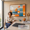 Quadro Decorativo Grande Mulher Observando para Sala Laranja | quadros decorativos | mulher de costas observando o mar em colagem geométrica laranja e azul | em ambiente 2 | Porao dos Quadros