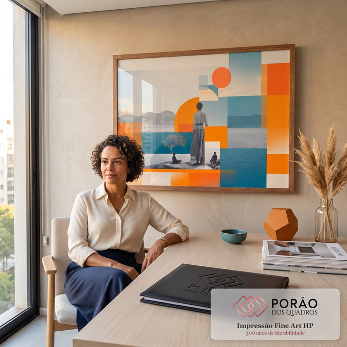 Quadro Decorativo Grande Mulher Observando para Sala Laranja | quadros decorativos | mulher de costas observando o mar em colagem geométrica laranja e azul | em ambiente 2 | Porao dos Quadros