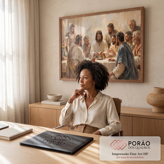 Quadro Decorativo Grande Última Ceia para Sala Bege | quadros decorativos | pintura da Última Ceia com Jesus partindo o pão cercado por discípulos | em ambiente 2 | Porao dos Quadros