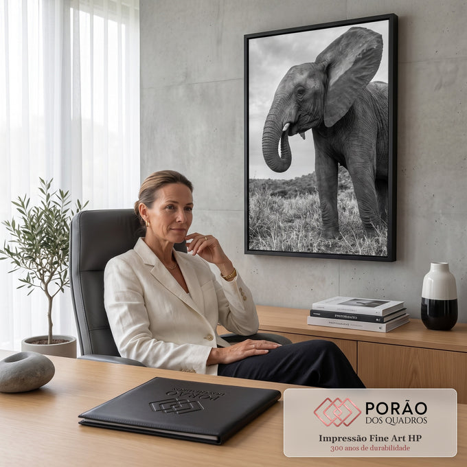 Elefante africano de orelha aberta e tromba enrolada visto de baixo em preto e branco, quadro decorativo