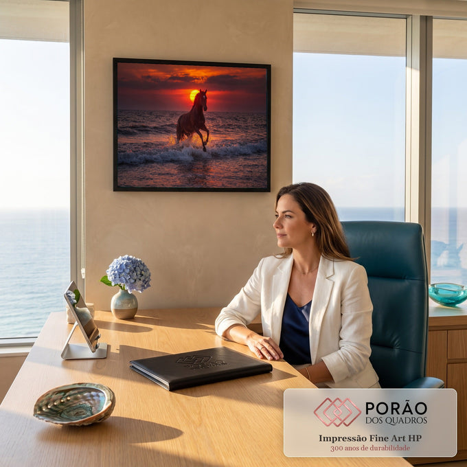 Quadro Decorativo Grande Cavalo Correndo para Sala Laranja | quadros decorativos | cavalo marrom correndo nas ondas do mar sob pôr do sol laranja intenso | em ambiente 2 | Porao dos Quadros
