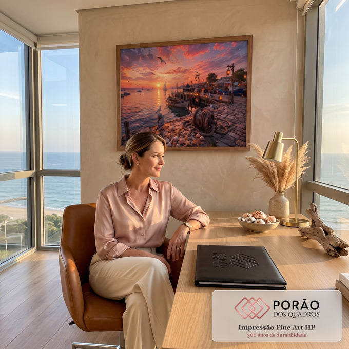 Quadro Decorativo Grande Cais ao Pôr do Sol para Sala | quadros decorativos | cais ao pôr do sol com barcos, gaivotas, conchas e estrelas-do-mar em primeiro plano | em ambiente 2 | Porao dos Quadros