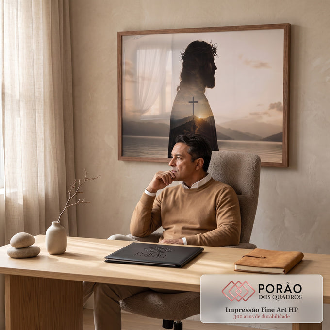 Quadro Decorativo Grande Jesus para Sala Bege | quadros decorativos | silhueta de Jesus com coroa de espinhos e cena de cruz ao pôr do sol sobreposta | em ambiente 2 | Porao dos Quadros