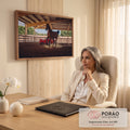 Cavalo alazão trotando em picadeiro coberto com carro esportivo vermelho ao fundo, quadro decorativo