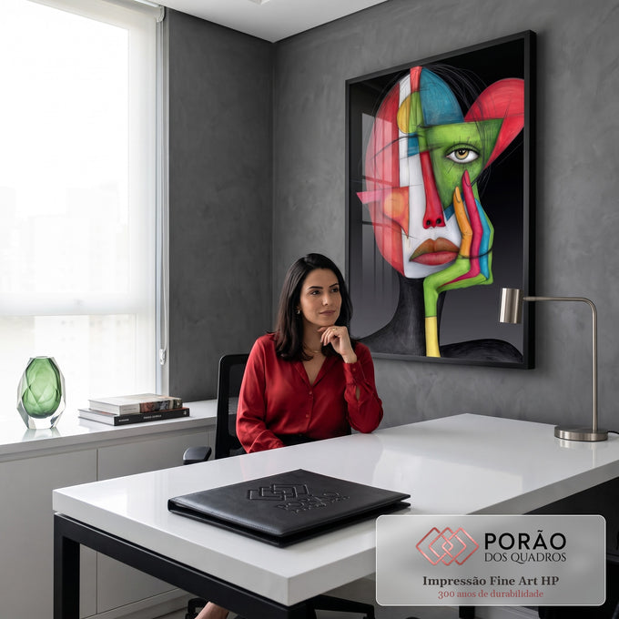 Rosto de mulher cubista em blocos vermelho, verde e azul, mão no rosto, fundo preto, quadro decorativo