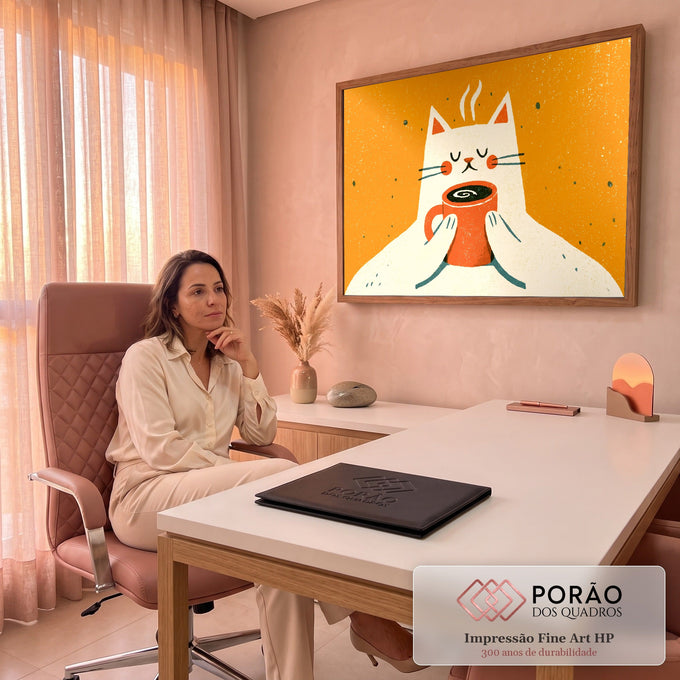 Quadro Decorativo Grande Gato Fofo Tomando para Sala Laranja | quadros decorativos | gato branco de olhos fechados segurando caneca laranja de café com vapor | em ambiente 2 | Porao dos Quadros